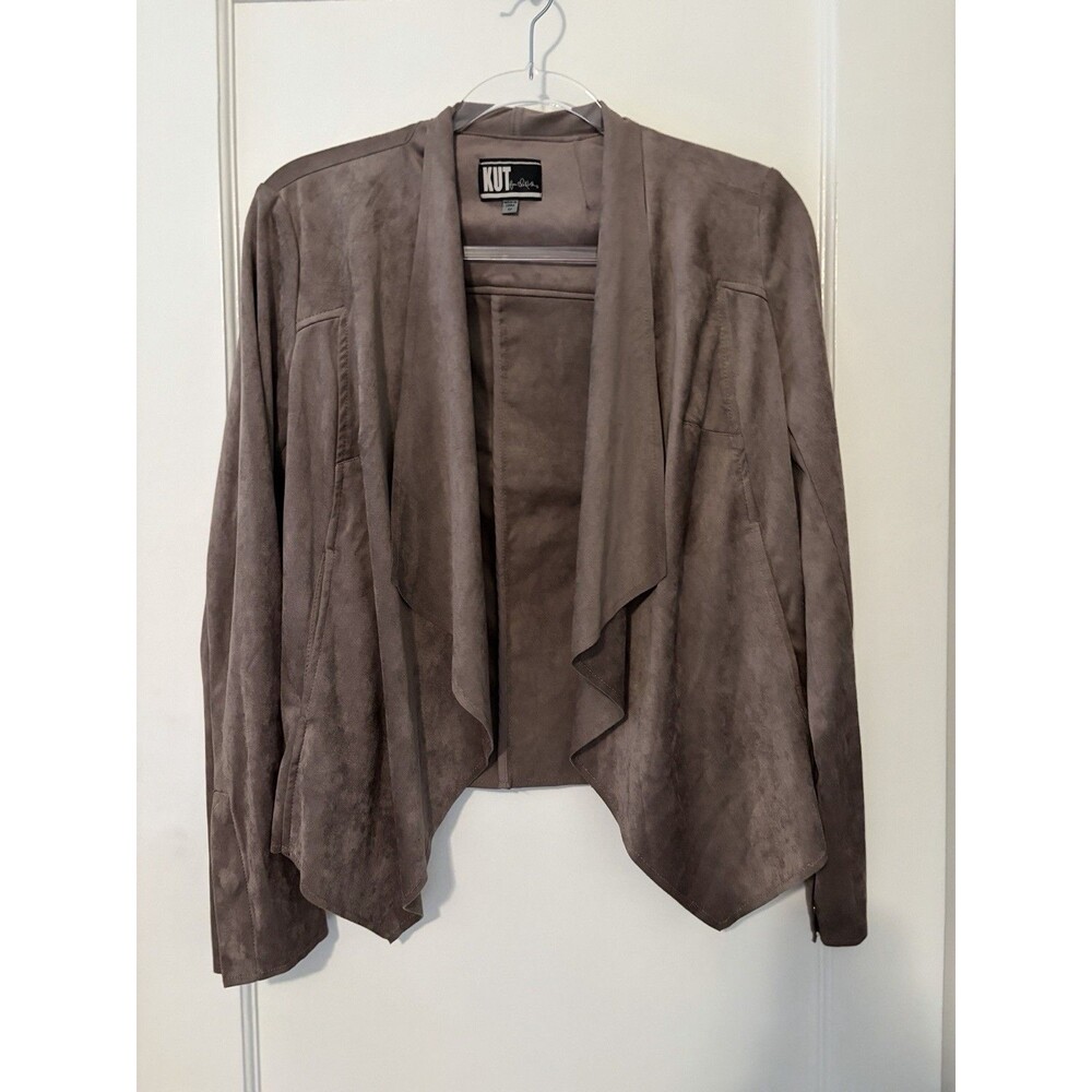 Kut From Kloth Jacket Blazer Drape Front Waterfall Faux Suede Taupe Brown Medium